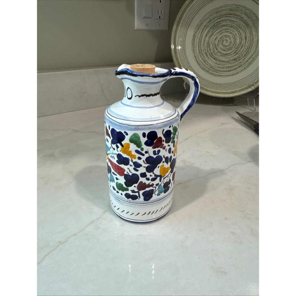 Deruta Italy Hand Painted Olio Olive Oil Cruet Bottle Bird Motif Vintage Ceramic